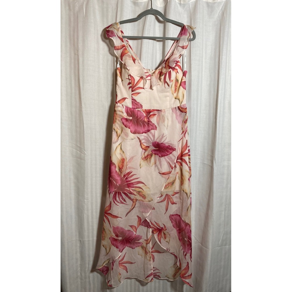 Guess Women Pink Tropical Floral Ruffle V-Neck High-Low Maxi Dress M Romantic